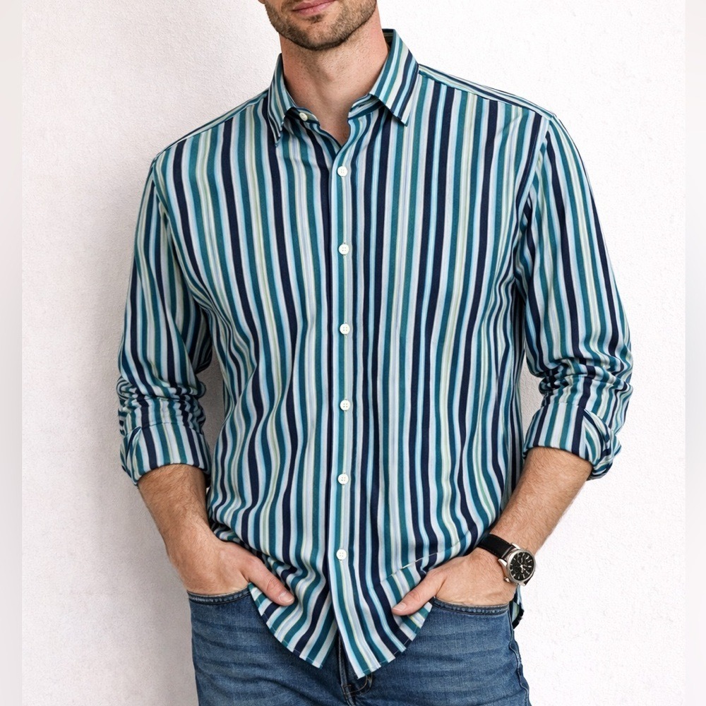 Neiman Marcus Mens Blue Green Striped Button Down Shirt Spread Collar L/S